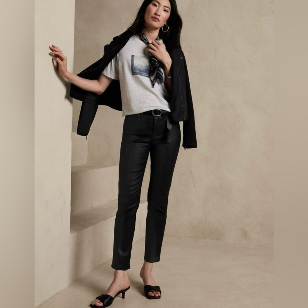 🆕 NWT Banana Republic High Rise Straight Leg Ankle Jeans Wax Coated Black Sz 26